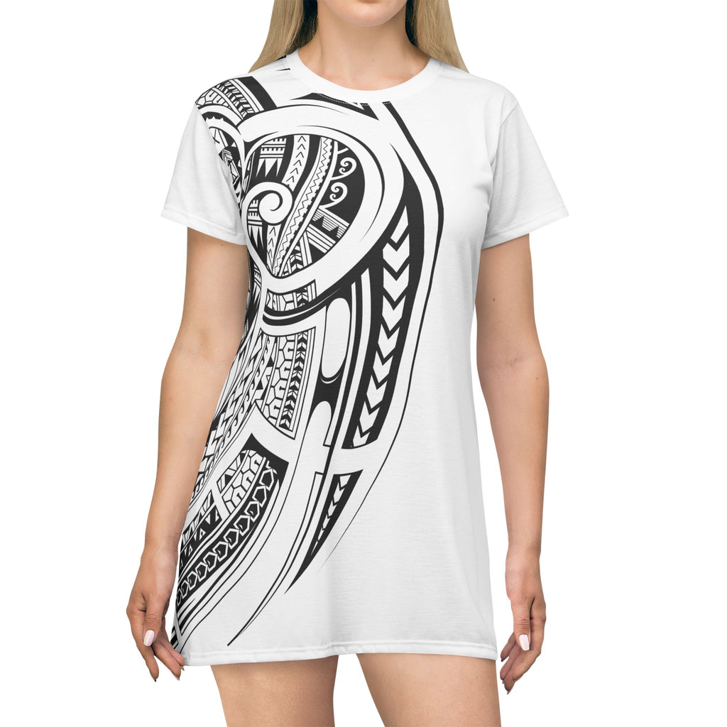 Tribal Black & White T-Shirt Dress — Polynesian Tattoo Print