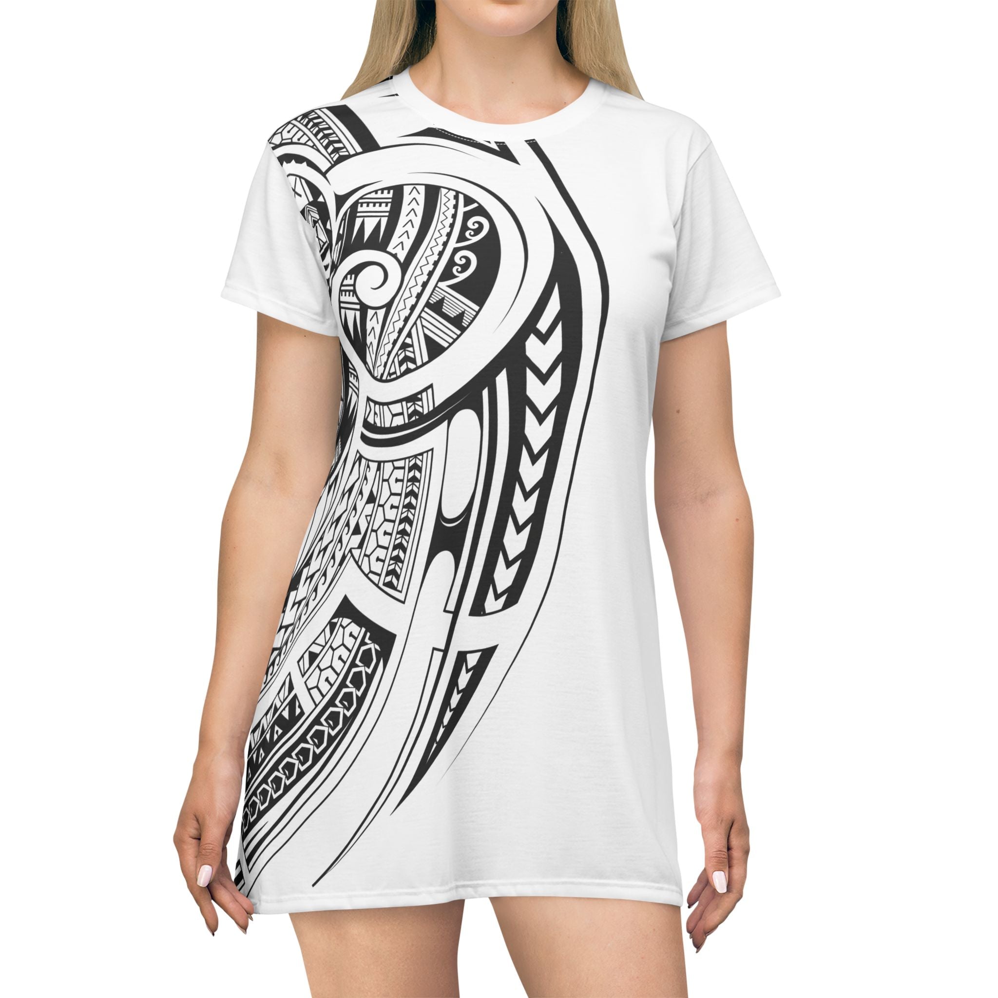 Tribal Black & White T-Shirt Dress — Polynesian Tattoo Print