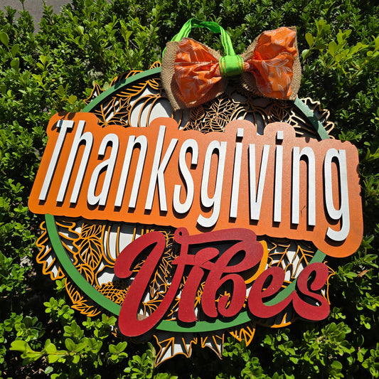 “Thanksgiving Vibes” Fall Wall Sign – Layered Holiday Décor with Autumn Charm
