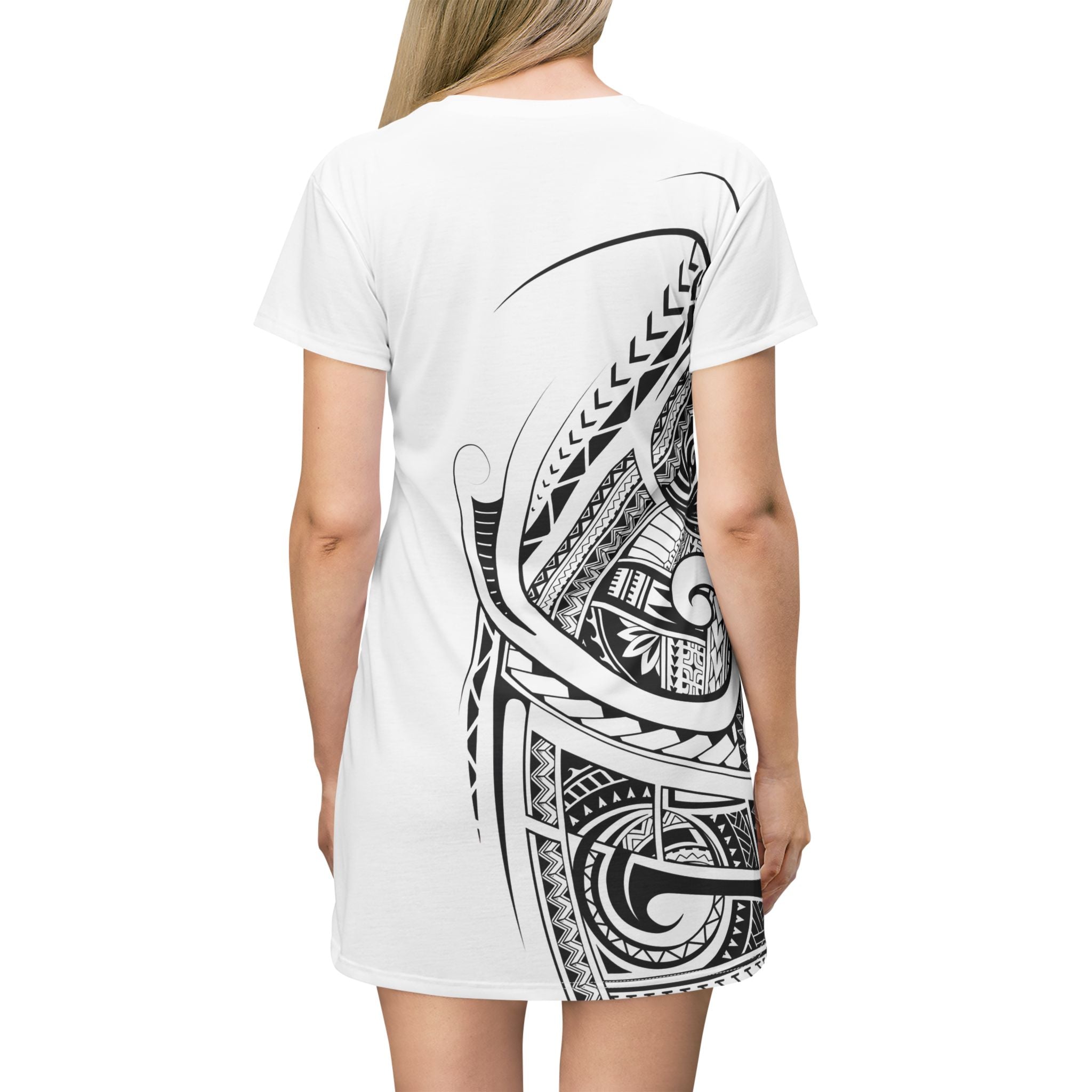 Tribal Black & White T-Shirt Dress — Polynesian Tattoo Print
